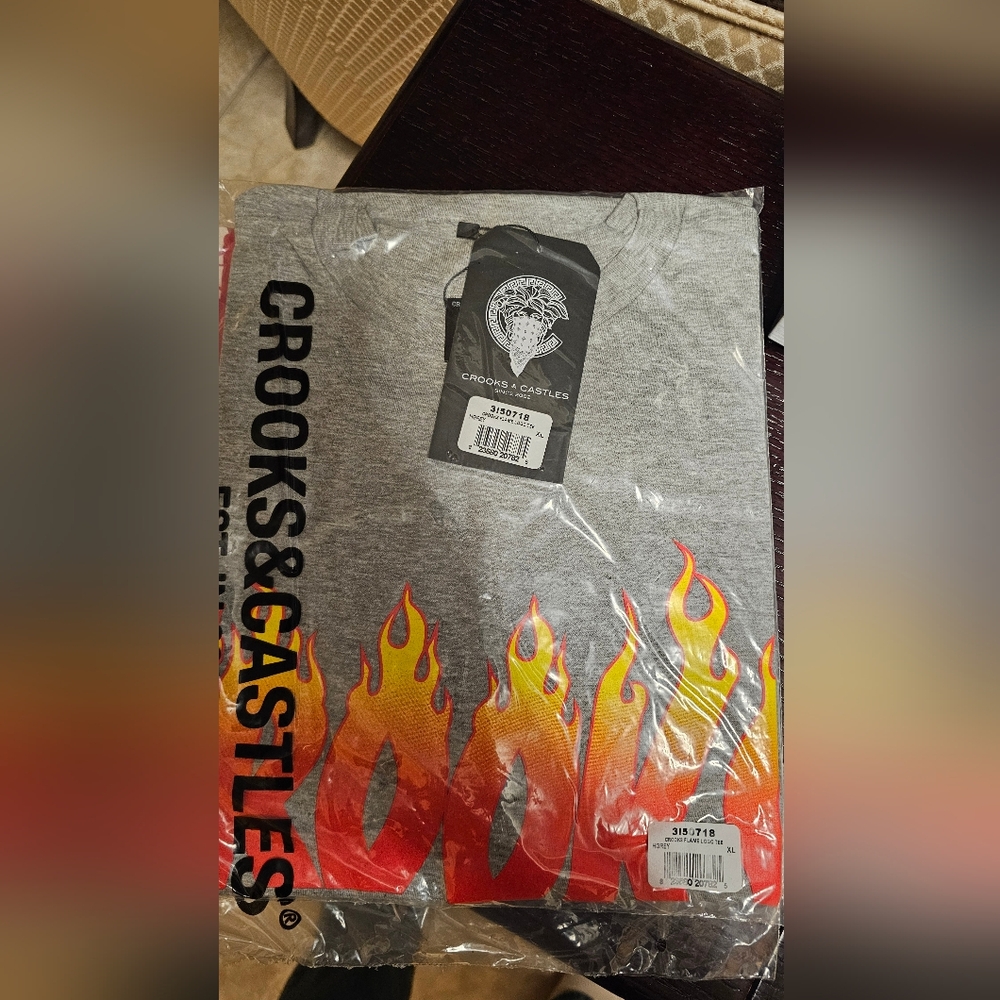 Crooks & Castles Gray T-Shirt with Flame Design